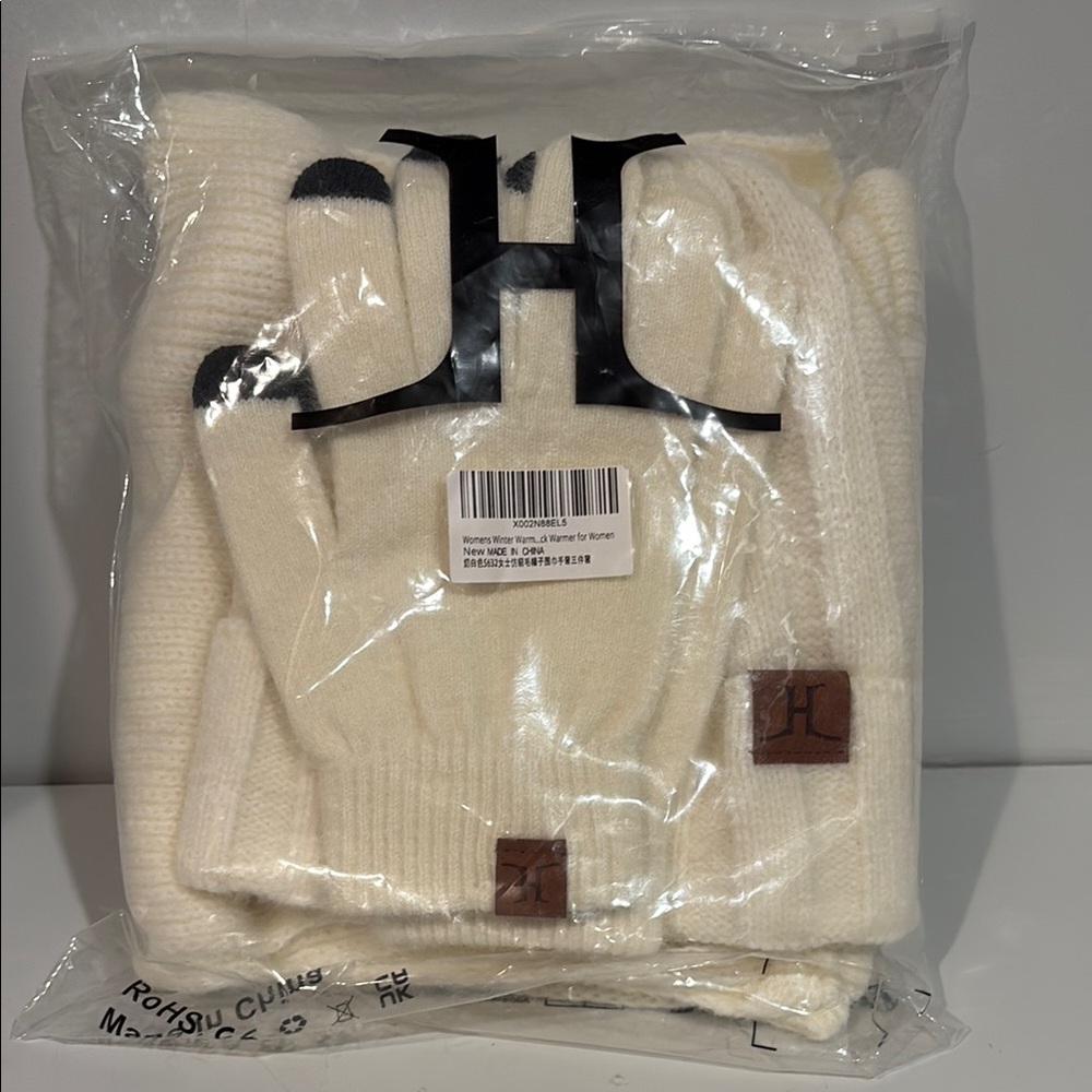Cozy Cream Knit Winter Gloves, Hat, and Scarf Set